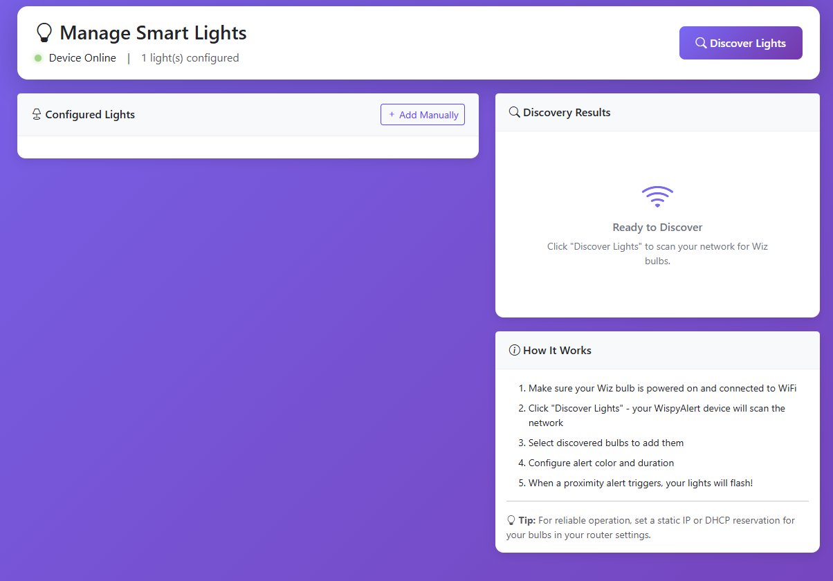 Manage Lights screen with Discover Lights button
